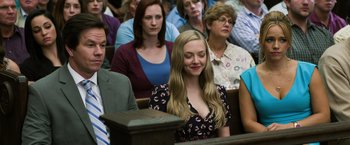 Movie still from “Ted 2” (2015), directed by Seth MacFarlane – A group of people sitting in front of a wooden box; Medium shot, Over the shoulder angle