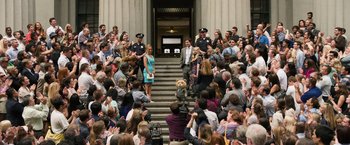 Movie still from “Ted 2” (2015), directed by Seth MacFarlane – A crowd of people standing on the steps of a building; Extreme Wide shot, High angle