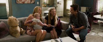 Movie still from “Ted 2” (2015), directed by Seth MacFarlane – A group of people sitting around a living room on a couch; Medium shot, High angle