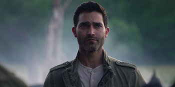 Movie still from “Teen Wolf: The Movie” (2023), directed by Russell Mulcahy – A person wearing a jacket; Close Up shot, Over the shoulder angle