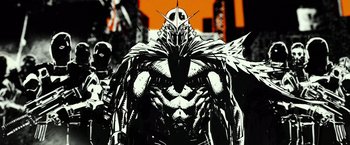 Movie still from “Teenage Mutant Ninja Turtles” (2014), directed by Jonathan Liebesman – A black and white image of a man with a bird head; Wide shot, Low angle