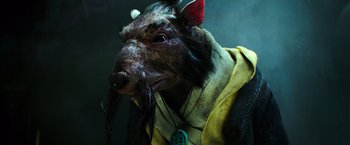 Movie still from “Teenage Mutant Ninja Turtles” (2014), directed by Jonathan Liebesman – The head of an animal wearing a yellow jacket; Close Up shot, High angle