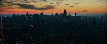 Movie still from “Teenage Mutant Ninja Turtles” (2014), directed by Jonathan Liebesman – A view of a city at night from a helicopter; Extreme Wide shot, High angle