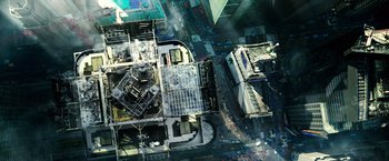 Movie still from “Teenage Mutant Ninja Turtles” (2014), directed by Jonathan Liebesman – An aerial view of a building under construction in a city; Extreme Wide shot, Overhead angle