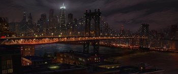 Movie still from “Teenage Mutant Ninja Turtles: Mutant Mayhem” (2023), directed by Jeff Rowe – A painting of a bridge at night with lights on it; Extreme Wide shot, High angle