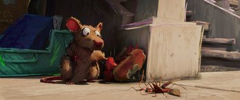 Movie still from “Teenage Mutant Ninja Turtles: Mutant Mayhem” (2023), directed by Jeff Rowe – An animated rat sitting in front of an overturned box; Extreme Close Up shot, High angle