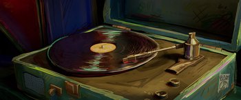 Movie still from “Teenage Mutant Ninja Turtles: Mutant Mayhem” (2023), directed by Jeff Rowe – A record player with a record on top of it; Extreme Close Up shot, Overhead angle