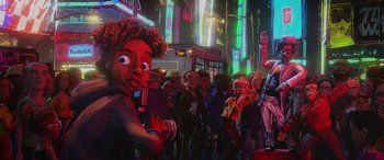 Movie still from “Teenage Mutant Ninja Turtles: Mutant Mayhem” (2023), directed by Jeff Rowe – A group of people standing in front of neon lights; Wide shot, Low angle