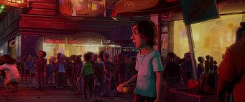 Movie still from “Teenage Mutant Ninja Turtles: Mutant Mayhem” (2023), directed by Jeff Rowe – An illustration of a crowd of people on a city street; Wide shot, Over the shoulder angle