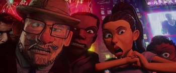 Movie still from “Teenage Mutant Ninja Turtles: Mutant Mayhem” (2023), directed by Jeff Rowe – A group of people standing next to each other in front of a building; Close Up shot, Low angle