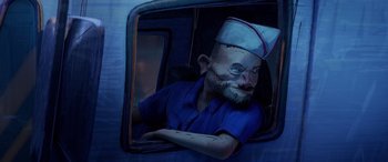 Movie still from “Teenage Mutant Ninja Turtles: Mutant Mayhem” (2023), directed by Jeff Rowe – A man with a beard wearing a sailor's hat; Close Up shot, High angle