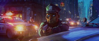 Movie still from “Teenage Mutant Ninja Turtles: Mutant Mayhem” (2023), directed by Jeff Rowe – An animated cop holding a gun in the street; Close Up shot, Low angle