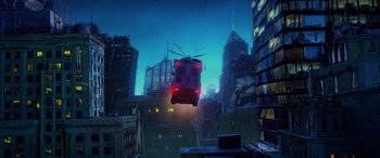 Movie still from “Teenage Mutant Ninja Turtles: Mutant Mayhem” (2023), directed by Jeff Rowe – A helicopter flying over a city at night time; Extreme Wide shot, Low angle