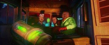 Movie still from “Teenage Mutant Ninja Turtles: Mutant Mayhem” (2023), directed by Jeff Rowe – A group of people riding in a vehicle; Medium shot, Overhead angle