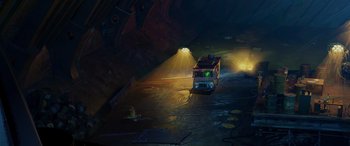Movie still from “Teenage Mutant Ninja Turtles: Mutant Mayhem” (2023), directed by Jeff Rowe – A bus driving down a street at night with lights on; Extreme Wide shot, High angle