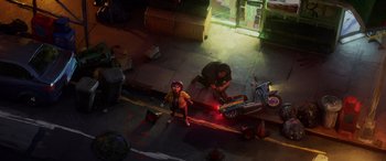 Movie still from “Teenage Mutant Ninja Turtles: Mutant Mayhem” (2023), directed by Jeff Rowe – A couple of people that are sitting on the ground; Extreme Wide shot, Overhead angle