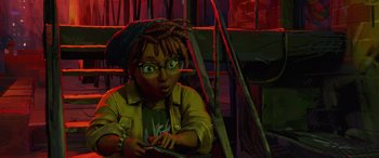 Movie still from “Teenage Mutant Ninja Turtles: Mutant Mayhem” (2023), directed by Jeff Rowe – A person with dreads is holding a cell phone; Medium shot, High angle