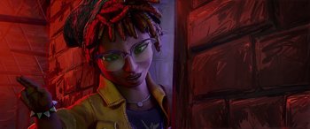 Movie still from “Teenage Mutant Ninja Turtles: Mutant Mayhem” (2023), directed by Jeff Rowe – A painting of a woman wearing a yellow jacket and glasses; Close Up shot, Low angle