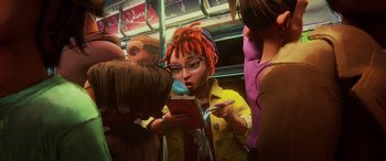 Movie still from “Teenage Mutant Ninja Turtles: Mutant Mayhem” (2023), directed by Jeff Rowe – A woman with dreadlocks standing on a crowded bus; Medium shot, Over the shoulder angle