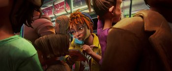 Movie still from “Teenage Mutant Ninja Turtles: Mutant Mayhem” (2023), directed by Jeff Rowe – A woman with dreadlocks sitting on a bus looking at her phone; Medium shot, Over the shoulder angle
