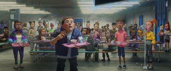 Movie still from “Teenage Mutant Ninja Turtles: Mutant Mayhem” (2023), directed by Jeff Rowe – An animated picture of a man holding a tray of food; Wide shot, High angle