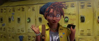 Movie still from “Teenage Mutant Ninja Turtles: Mutant Mayhem” (2023), directed by Jeff Rowe – A woman with dreadlocks wearing a yellow jacket; Close Up shot, High angle