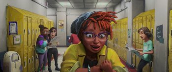 Movie still from “Teenage Mutant Ninja Turtles: Mutant Mayhem” (2023), directed by Jeff Rowe – A woman with a dreadlocks is smiling at the camera; Medium shot, High angle