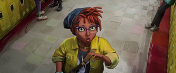 Movie still from “Teenage Mutant Ninja Turtles: Mutant Mayhem” (2023), directed by Jeff Rowe – An animated woman with a yellow jacket and a blue hat; Close Up shot, High angle