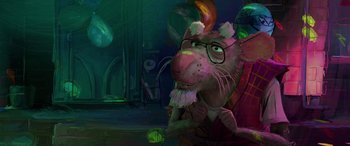 Movie still from “Teenage Mutant Ninja Turtles: Mutant Mayhem” (2023), directed by Jeff Rowe – An animated cat wearing glasses sitting in a room; Close Up shot, Over the shoulder angle