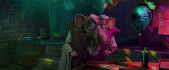 Movie still from “Teenage Mutant Ninja Turtles: Mutant Mayhem” (2023), directed by Jeff Rowe – A rat wearing glasses is sitting on a table; Medium shot, Low angle