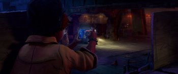 Movie still from “Teenage Mutant Ninja Turtles: Mutant Mayhem” (2023), directed by Jeff Rowe – A man taking a picture of a fire hydrant; Wide shot, High angle