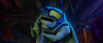 Movie still from “Teenage Mutant Ninja Turtles: Mutant Mayhem” (2023), directed by Jeff Rowe – A person wearing a mask and holding a sword; Medium shot, Low angle