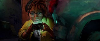 Movie still from “Teenage Mutant Ninja Turtles: Mutant Mayhem” (2023), directed by Jeff Rowe – A woman with dreadlocks taking a picture with a camera; Close Up shot, Over the shoulder angle