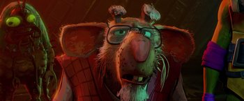 Movie still from “Teenage Mutant Ninja Turtles: Mutant Mayhem” (2023), directed by Jeff Rowe – A painting of an animal wearing glasses and wearing a sweater; Close Up shot, Low angle