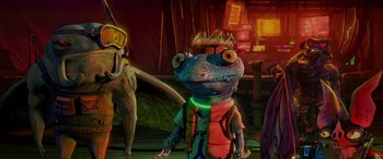 Movie still from “Teenage Mutant Ninja Turtles: Mutant Mayhem” (2023), directed by Jeff Rowe – A lizard is standing next to another lizard; Close Up shot, Over the shoulder angle
