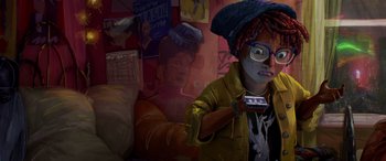 Movie still from “Teenage Mutant Ninja Turtles: Mutant Mayhem” (2023), directed by Jeff Rowe – A person holding a cell phone in their hand; Close Up shot, Over the shoulder angle