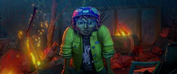 Movie still from “Teenage Mutant Ninja Turtles: Mutant Mayhem” (2023), directed by Jeff Rowe – A person wearing a helmet and a yellow jacket; Close Up shot, High angle