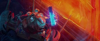 Movie still from “Teenage Mutant Ninja Turtles: Mutant Mayhem” (2023), directed by Jeff Rowe – An image of an animal holding a cell phone; Close Up shot, Low angle