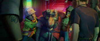 Movie still from “Teenage Mutant Ninja Turtles: Mutant Mayhem” (2023), directed by Jeff Rowe – A group of people that are standing around a statue; Wide shot, High angle