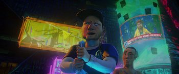 Movie still from “Teenage Mutant Ninja Turtles: Mutant Mayhem” (2023), directed by Jeff Rowe – A man with a bandaged head is holding a baseball bat; Medium shot, Low angle