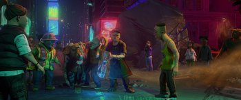 Movie still from “Teenage Mutant Ninja Turtles: Mutant Mayhem” (2023), directed by Jeff Rowe – A group of people standing around in the dark; Wide shot, Low angle