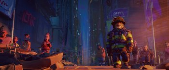 Movie still from “Teenage Mutant Ninja Turtles: Mutant Mayhem” (2023), directed by Jeff Rowe – A painting of a fire fighter standing in the middle of a city; Extreme Wide shot, Low angle