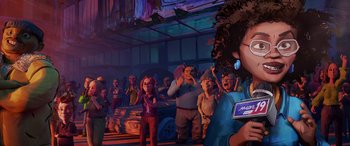 Movie still from “Teenage Mutant Ninja Turtles: Mutant Mayhem” (2023), directed by Jeff Rowe – A group of people standing in front of a building; Medium shot, Over the shoulder angle