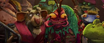 Movie still from “Teenage Mutant Ninja Turtles: Mutant Mayhem” (2023), directed by Jeff Rowe – A painting of a mouse and a rat with glasses; Extreme Close Up shot, Low angle