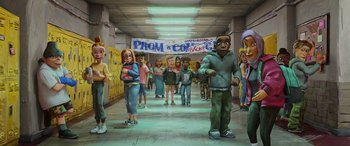 Movie still from “Teenage Mutant Ninja Turtles: Mutant Mayhem” (2023), directed by Jeff Rowe – A group of people standing in a school hallway; Wide shot, High angle
