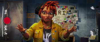 Movie still from “Teenage Mutant Ninja Turtles: Mutant Mayhem” (2023), directed by Jeff Rowe – An animated woman with dreadlocks and a yellow jacket; Medium shot, Over the shoulder angle