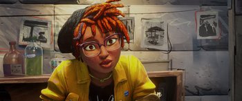 Movie still from “Teenage Mutant Ninja Turtles: Mutant Mayhem” (2023), directed by Jeff Rowe – A person with a bunch of food on their head; Close Up shot, Over the shoulder angle