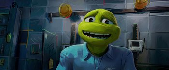 Movie still from “Teenage Mutant Ninja Turtles: Mutant Mayhem” (2023), directed by Jeff Rowe – A painting of a man with a green face; Close Up shot, Low angle