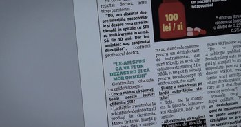 Movie still from “Collective” (2019), directed by Alexander Nanau – Picture of a page of a newspaper; Extreme Close Up shot, Overhead angle