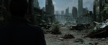 Movie still from “Terminator Salvation” (2009), directed by McG – An abandoned city is shown in the middle of the night; Extreme Wide shot, High angle